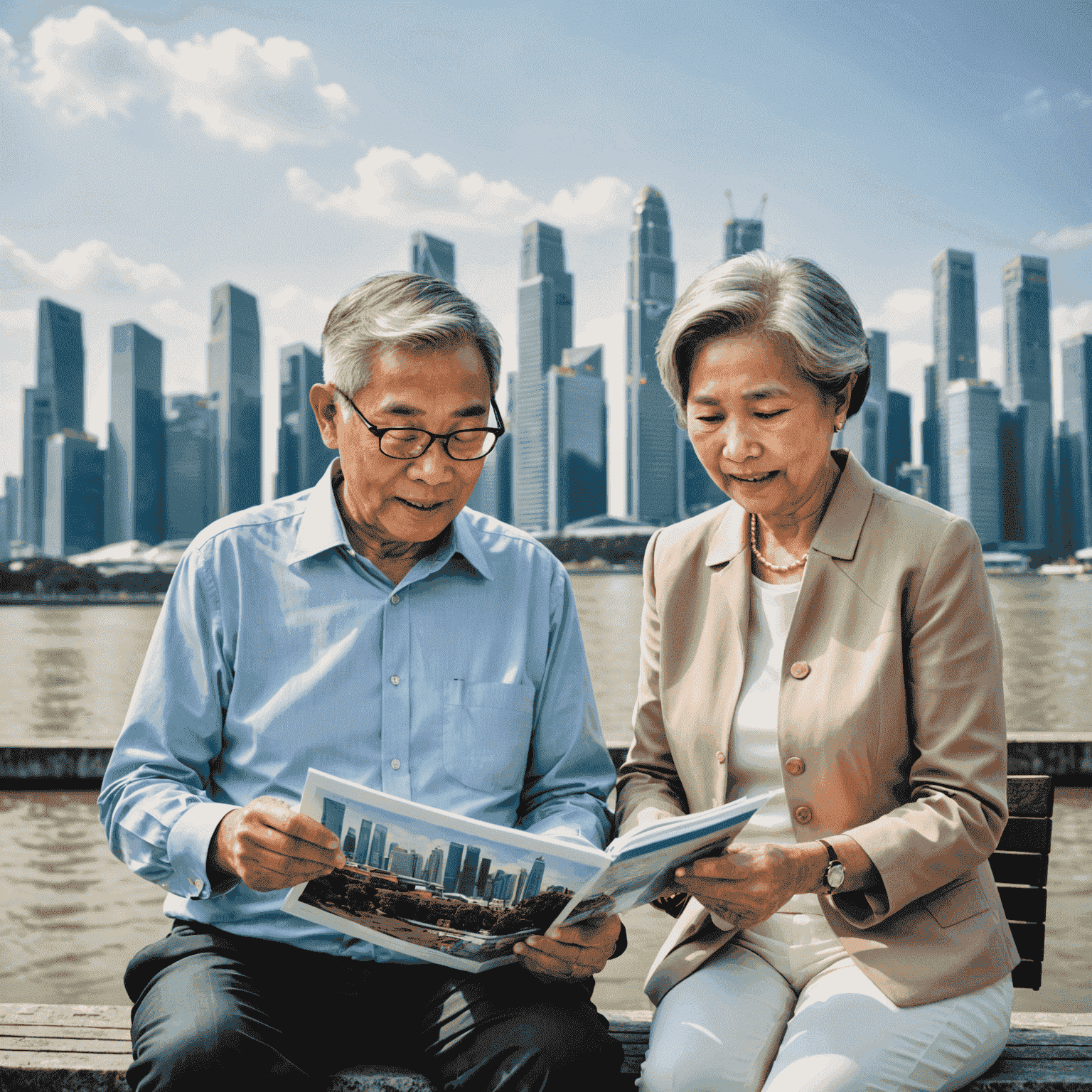 Senior couple reviewing investment portfolio with Singapore skyline in the background, symbolizing retirement planning in a prosperous economy