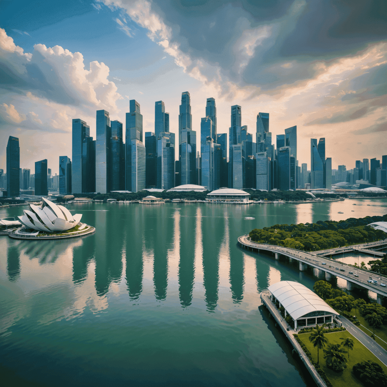 Singapore skyline with focus on the financial district, showcasing modern skyscrapers and the iconic Marina Bay Sands