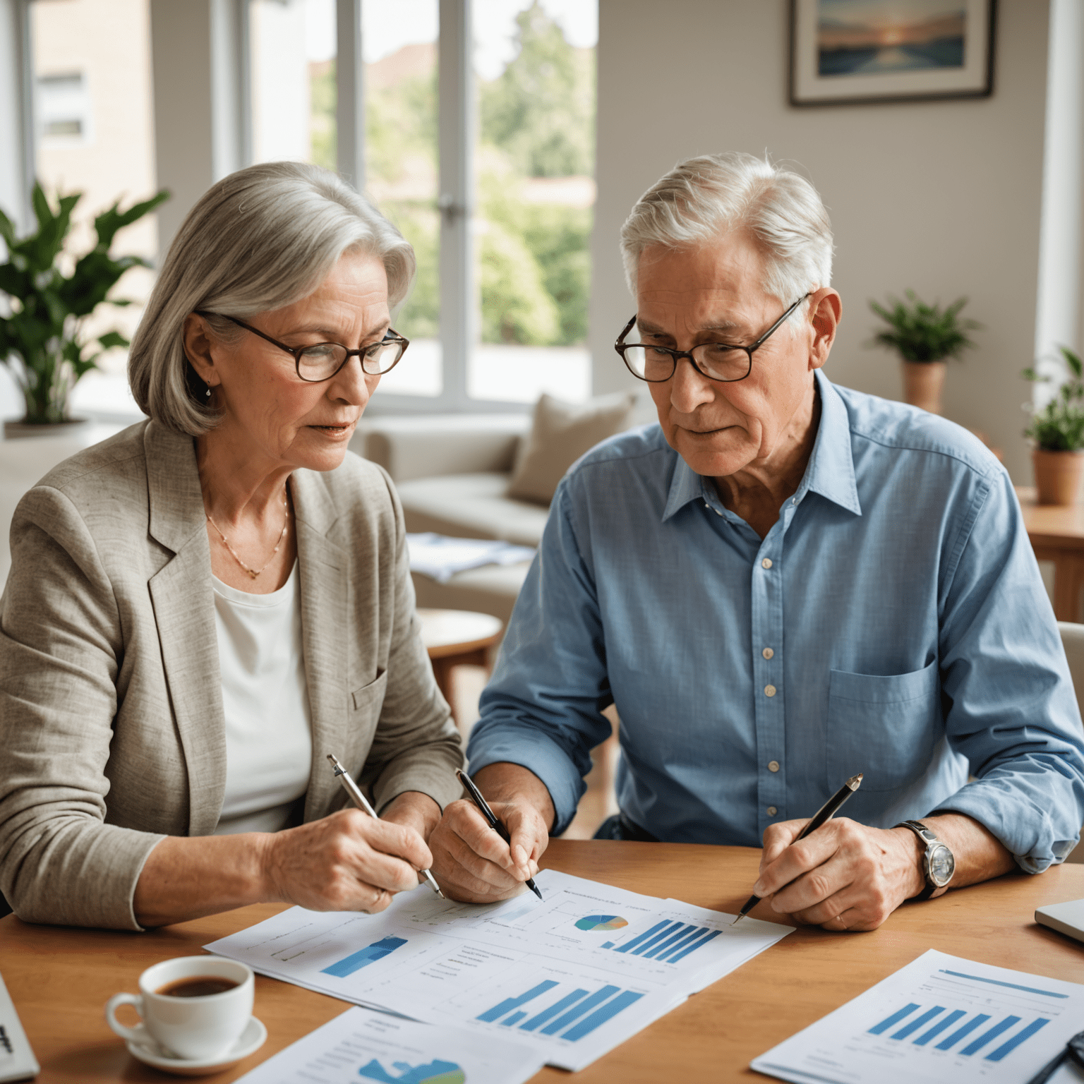 Senior couple reviewing retirement plans with a financial advisor, charts and graphs of CPF schemes visible