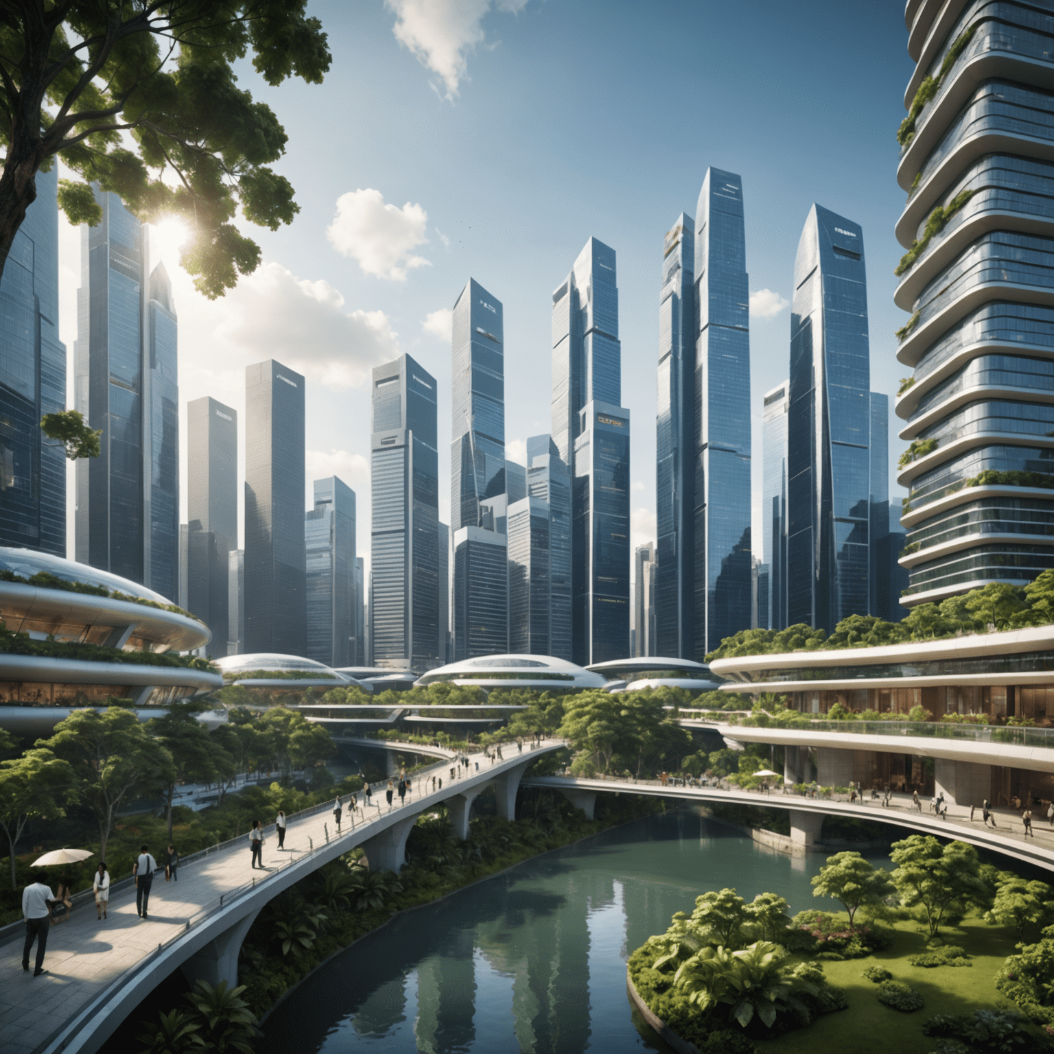 Futuristic rendering of Singapore's business district with sustainable architecture, showcasing the city's vision for economic growth and environmental responsibility