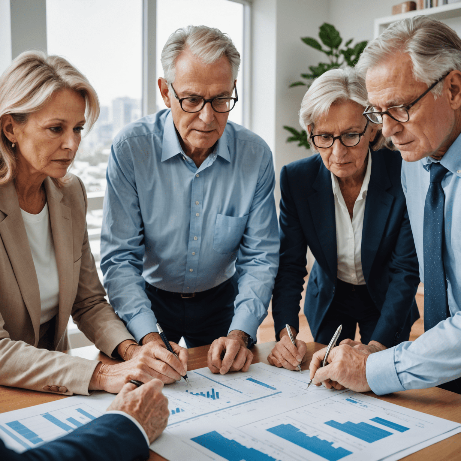 A group of senior investors reviewing property plans and financial charts, symbolizing careful consideration of real estate investments for retirement portfolios