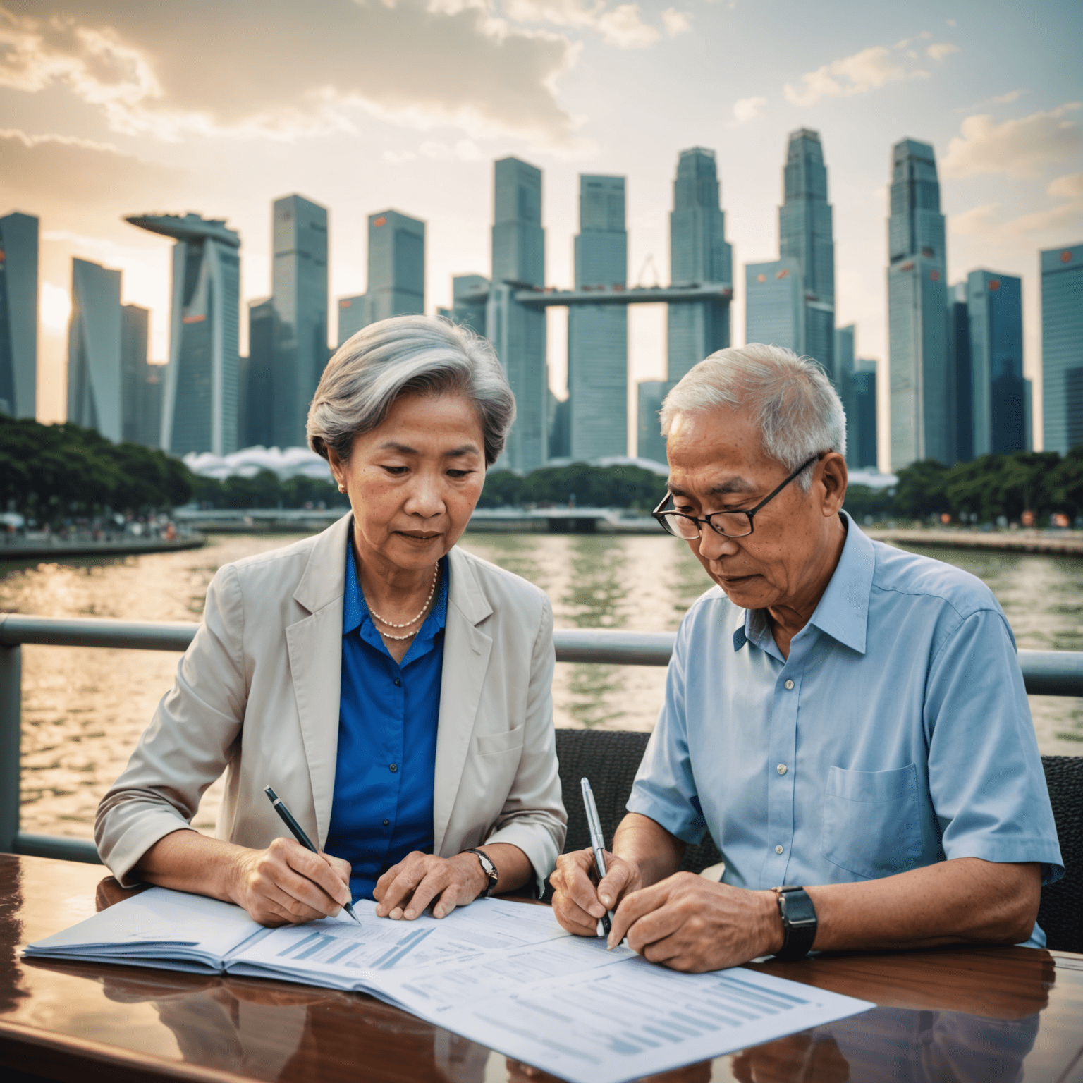 Senior couple reviewing financial documents and retirement plans, with Singapore's cityscape in the background